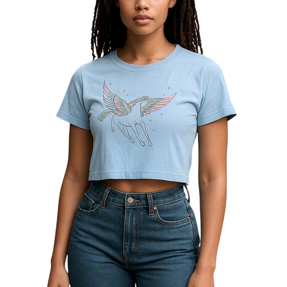 American Eagle Pegasus Graphic T-Shirt NWOT Size Medium Blue Cropped Tee